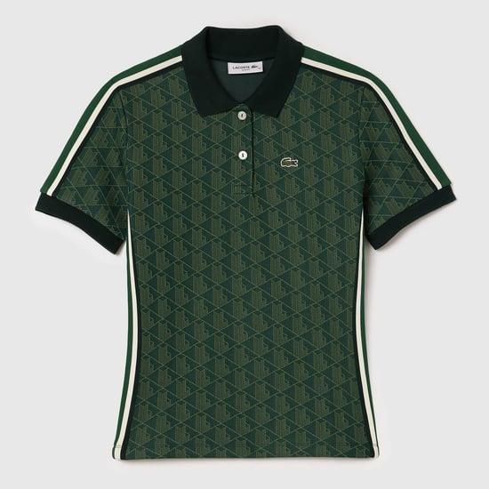 Lacoste slim-fit poloshirt voor dames met Monogram Jacquard-patroon in groen. - Image 1