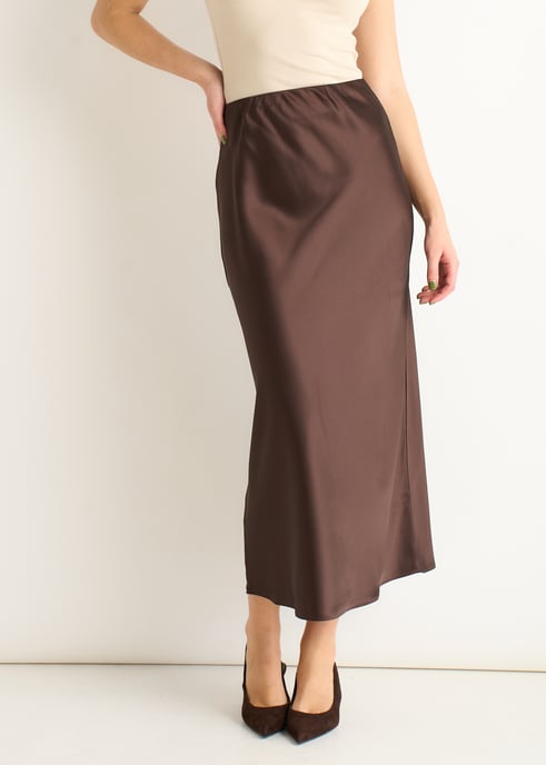 Chocolate Satin Bias Cut Midi Skirt - Image 2