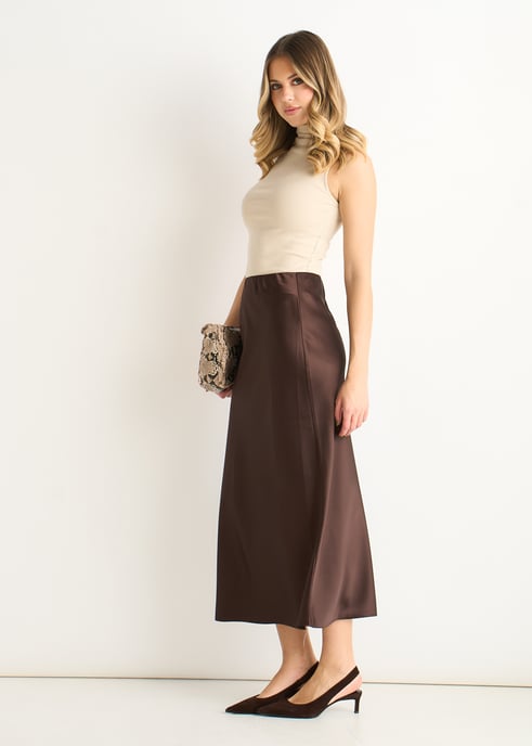 Chocolate Satin Bias Cut Midi Skirt - Image 3