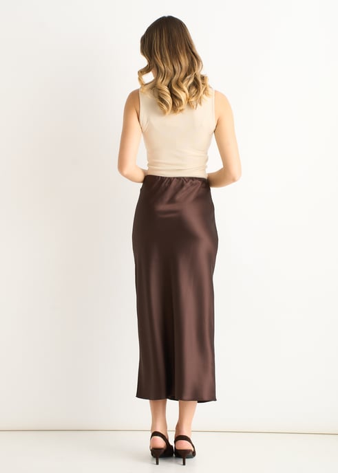 Chocolate Satin Bias Cut Midi Skirt - Image 4