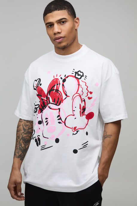 Oversized Extended Neck Disney Mickey & Minnie Mouse License Printed T-Shirt - Image 1