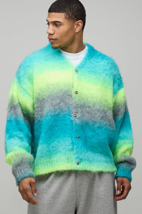 Oversized Boxy Ombre Fluffy Knitted Cardigan - Image 1