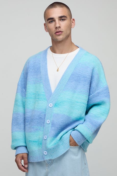 Oversized Boxy Fit Ombre Stripe Knitted Cardigan - Image 1