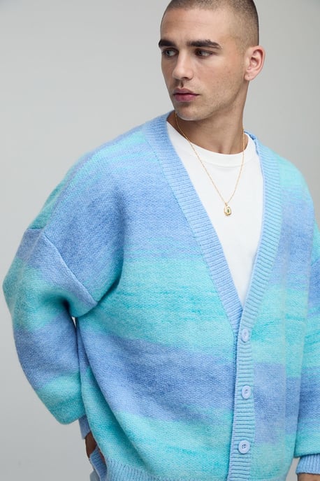 Oversized Boxy Fit Ombre Stripe Knitted Cardigan - Image 3