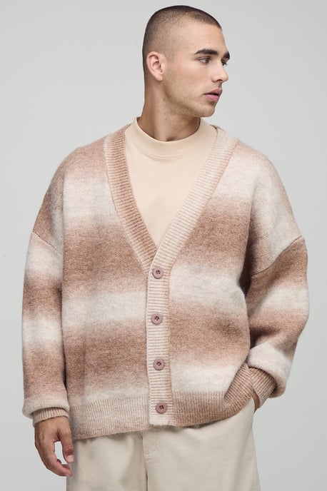 Oversized Boxy Fit Ombre Stripe Knitted Cardigan - Image 1