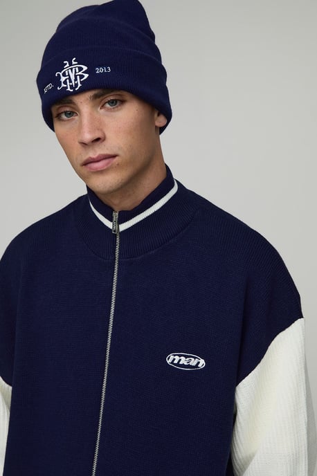 Oversized Boxy Embroidered Bomber Funnel Knitted Jacket - Image 3