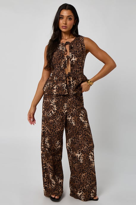 Leopard Linen-Look Elasticated Wide Leg Trouser - Image 1