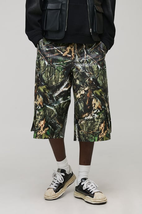 Baggy Fit Longline Printed Camo PU Jorts - Image 1