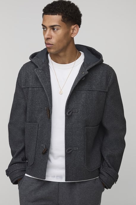 Oversized Boxy Fit Melton Toggle Hooded Duffle Coat - Image 1