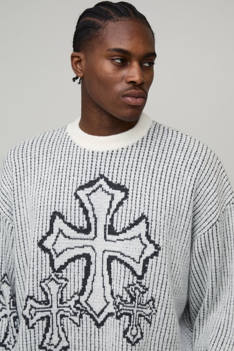 Tall Oversized Boxy Fluffy Cross Jacquard Knitted Jumper - Image 3