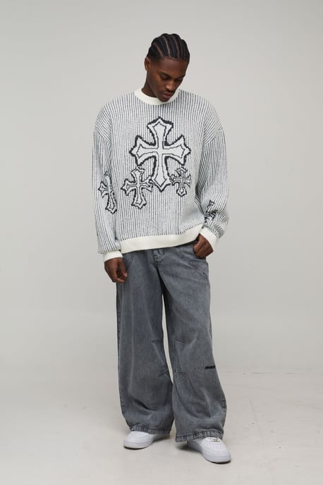 Tall Oversized Boxy Fluffy Cross Jacquard Knitted Jumper - Image 4