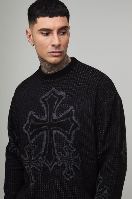 Tall Oversized Boxy Fluffy Cross Jacquard Knitted Jumper - Image 3