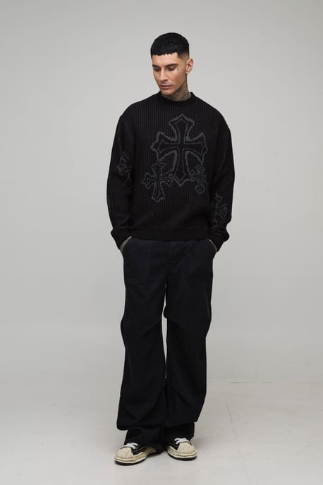 Tall Oversized Boxy Fluffy Cross Jacquard Knitted Jumper - Image 4