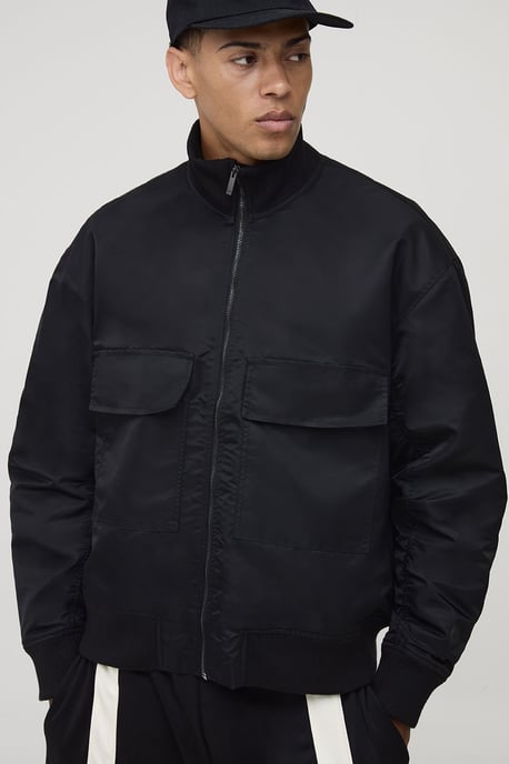 Oversized Fit Chunky Rib Funnel Neck Bomber Jacket - Image 1