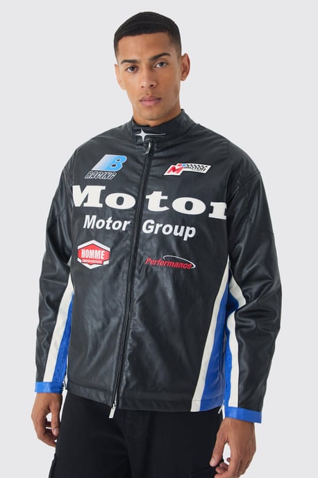 Oversized Mesh Panel PU Moto Jacket In Black - Image 1