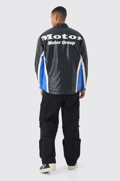 Oversized Mesh Panel PU Moto Jacket In Black - Image 2