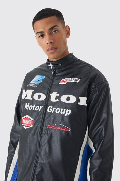 Oversized Mesh Panel PU Moto Jacket In Black - Image 3