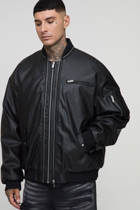 Tall Leather Look Double Zip Oversized MA1 Bomber Jacket - Image 1