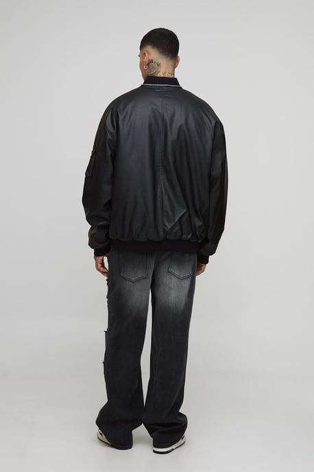 Tall Leather Look Double Zip Oversized MA1 Bomber Jacket - Image 2