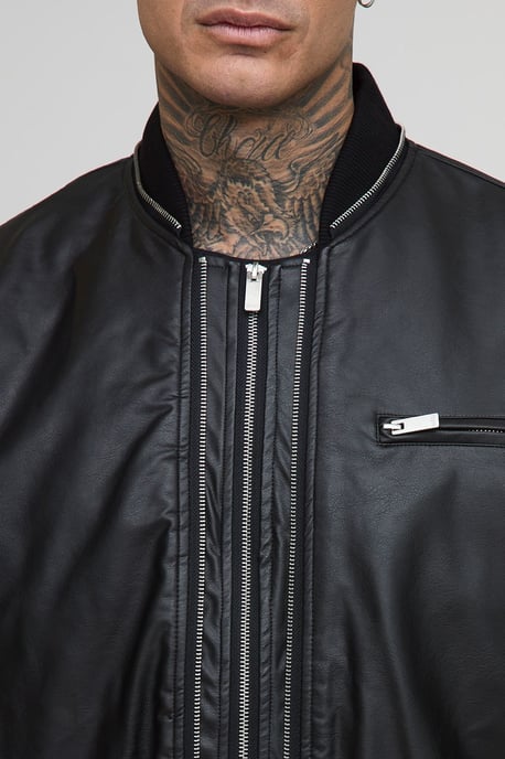 Tall Leather Look Double Zip Oversized MA1 Bomber Jacket - Image 3