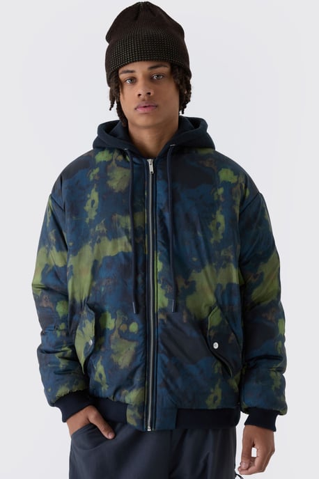 Oversized Abstract Print Hooded Bomber Jacket In Navy - Image 1