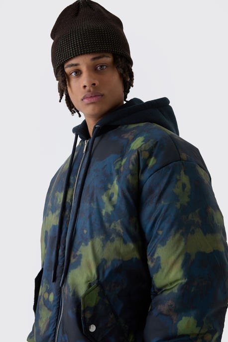 Oversized Abstract Print Hooded Bomber Jacket In Navy - Image 3