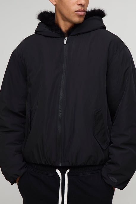 Oversized Faux Fur Trim Hooded Bomber Jacket - Image 1