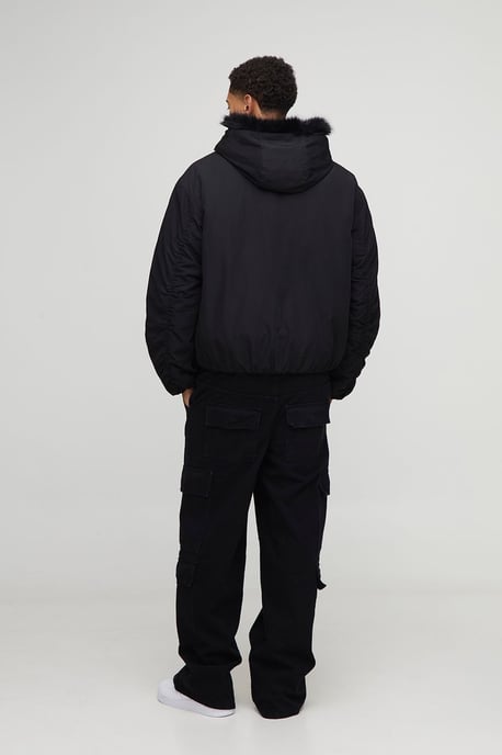 Oversized Faux Fur Trim Hooded Bomber Jacket - Image 2