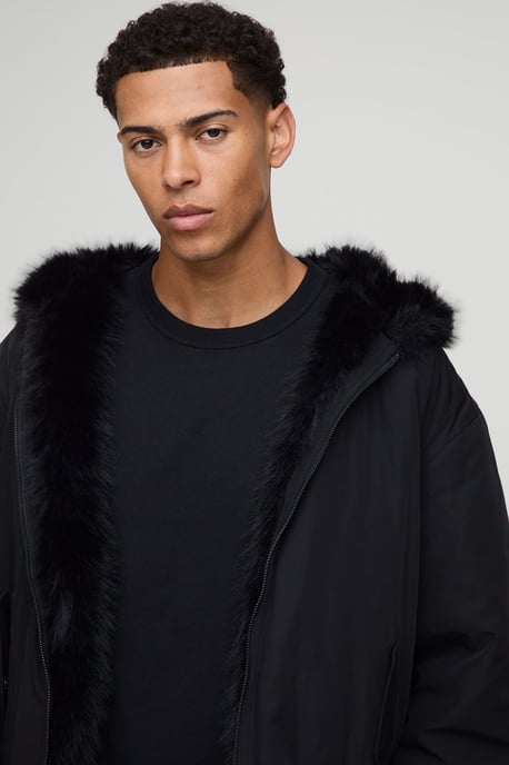 Oversized Faux Fur Trim Hooded Bomber Jacket - Image 3