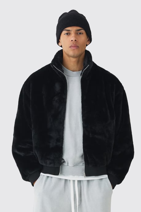 Faux Fur Funnel Neck Bomber Jacket In Black - Image 1