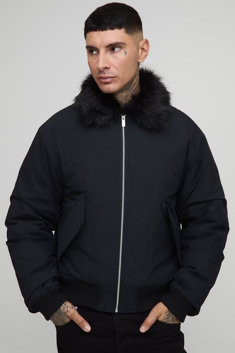 Tall Faux Fur Collar Regular Fit Bomber Jacket - Image 1