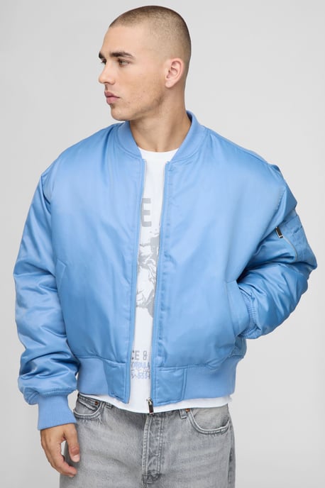 Oversized Boxy Curved Hem Nylon Bomber Jacket - Image 1