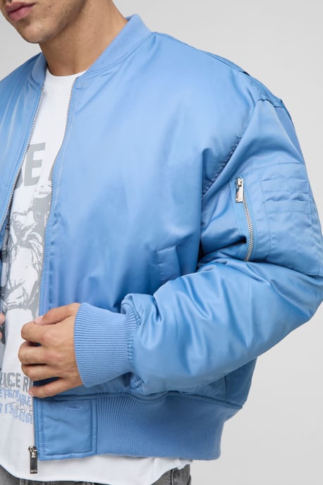Oversized Boxy Curved Hem Nylon Bomber Jacket - Image 3