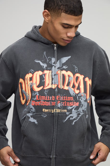 Washed Charcoal Oversized Boxy Zip Through Ofcl Man Printed Hoodie - Image 3