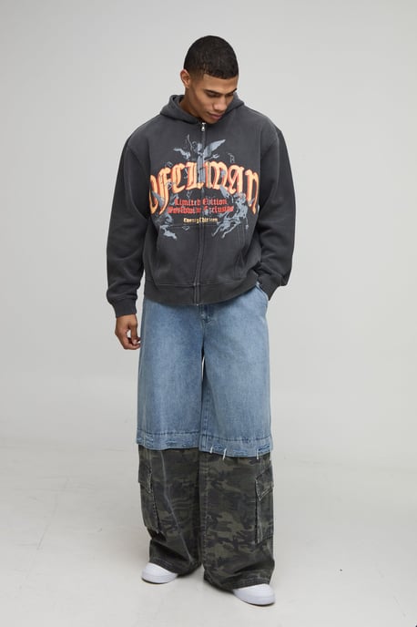 Washed Charcoal Oversized Boxy Zip Through Ofcl Man Printed Hoodie - Image 4