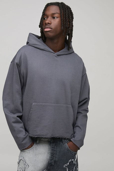 Oversized Shrunken Raw Edge Loopback Hoodie - Image 1
