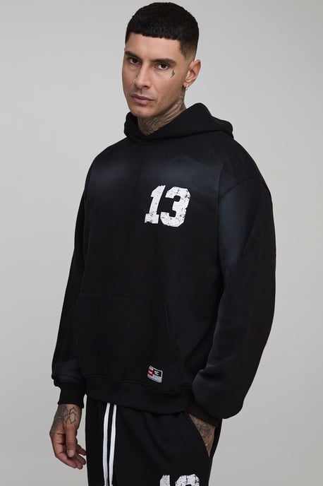 Tall Oversized Boxy Spray Wash 13 Print Hoodie - Image 1
