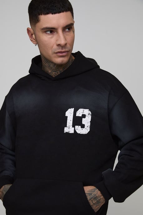 Tall Oversized Boxy Spray Wash 13 Print Hoodie - Image 3