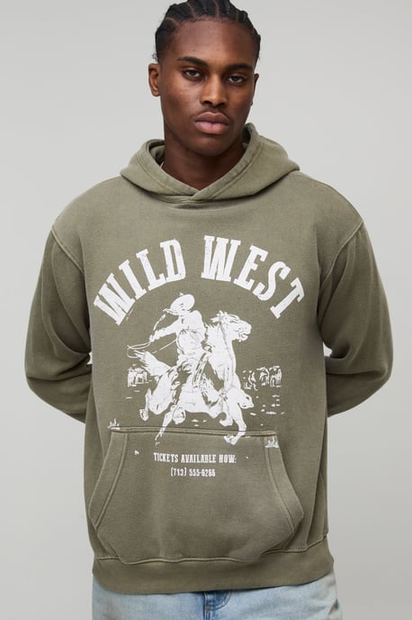 Washed Khaki Oversized Boxy Western Printed Hoodie - Image 1