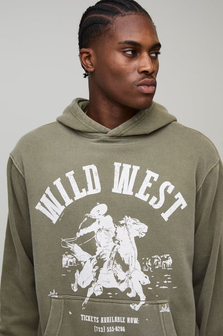 Washed Khaki Oversized Boxy Western Printed Hoodie - Image 3