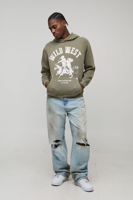 Washed Khaki Oversized Boxy Western Printed Hoodie - Image 4