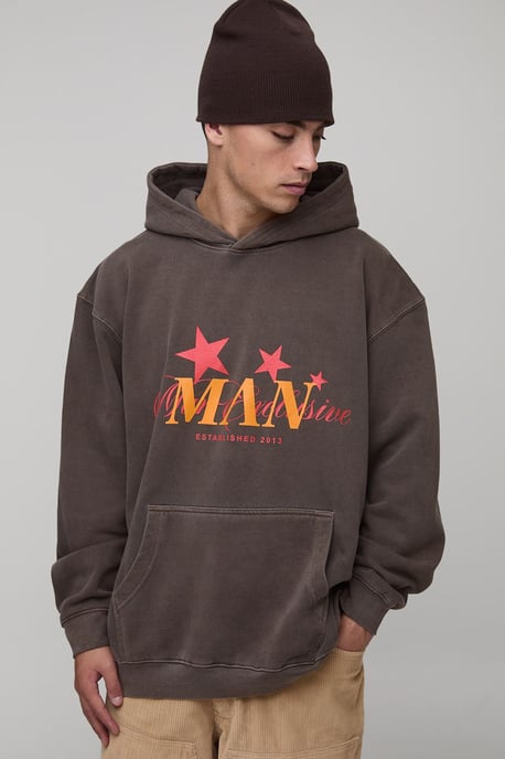 Washed Chocolate Oversized Man Star Printed Hoodie - Image 1