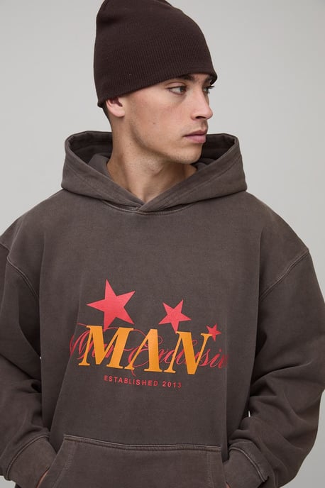 Washed Chocolate Oversized Man Star Printed Hoodie - Image 3