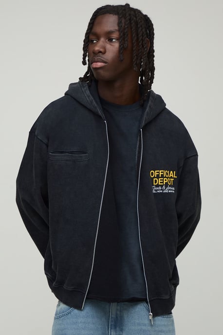 Black Oversized Boxy Loopback Official Washed Zip Through Hoodie - Image 3