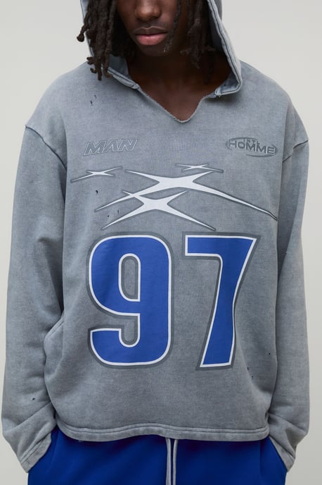 Oversized Boxy Distressed Ripped Neck Hoodie - Image 1