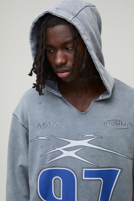 Oversized Boxy Distressed Ripped Neck Hoodie - Image 3