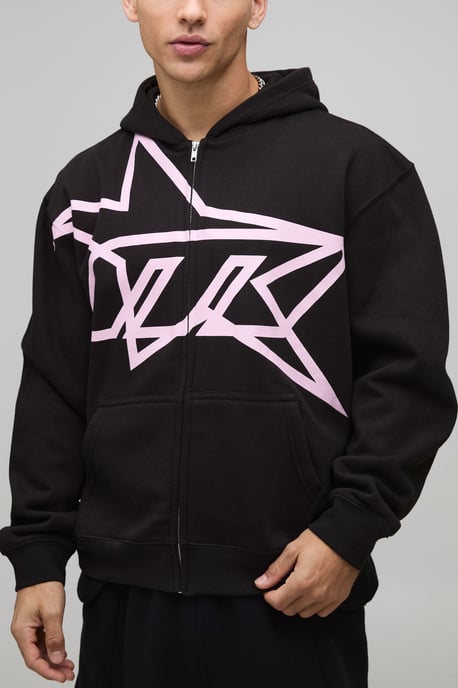 Oversized Boxy Star Printed Zip Through Hoodie - Image 1