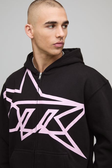 Oversized Boxy Star Printed Zip Through Hoodie - Image 3