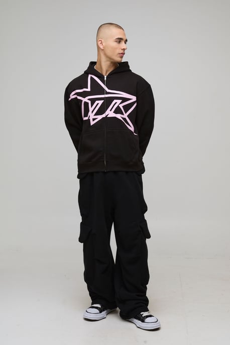 Oversized Boxy Star Printed Zip Through Hoodie - Image 4