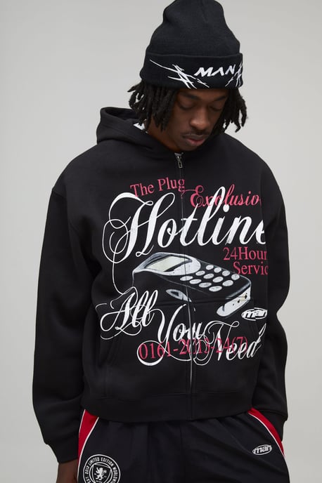 Black Oversized Boxy Hotline Graphic Zip Through Hoodie - Image 1